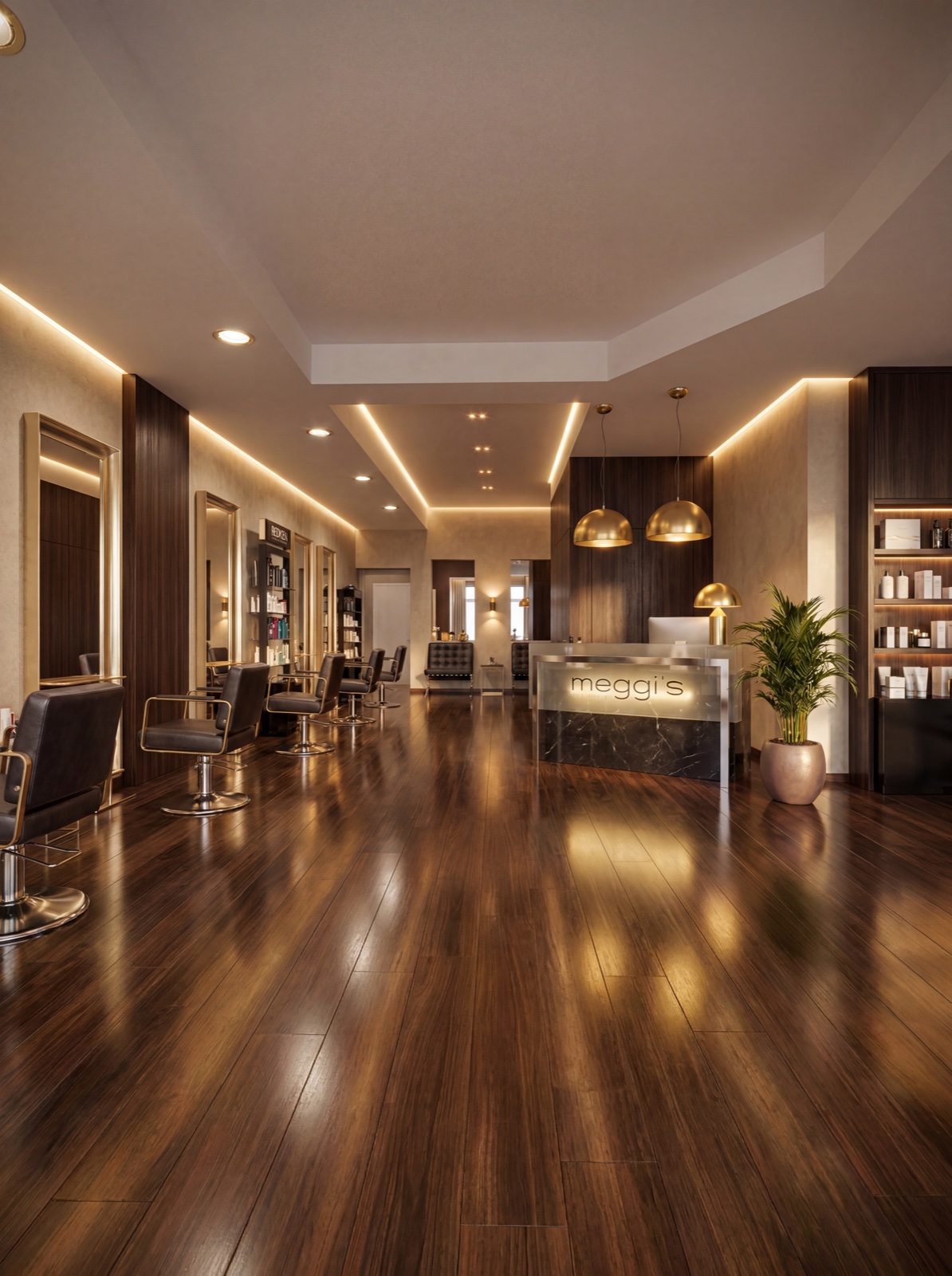 Atelier Meggi's Hairdesign — Salon-Interior in Dortmund mit Brass-Pendant-Lampen und gold-gerahmten Spiegeln